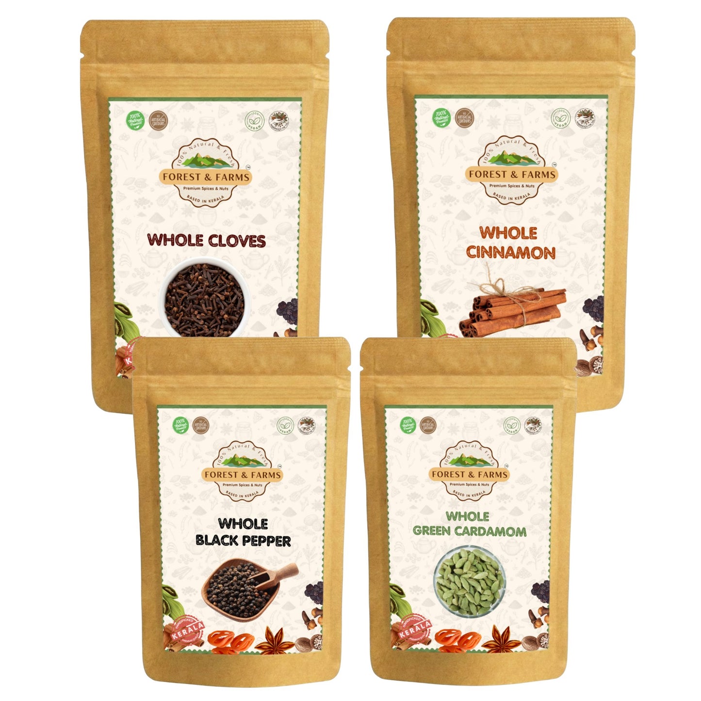 Set of 4 Kerala Spices (Cardamom, Pepper, Cloves & Cinnamon)