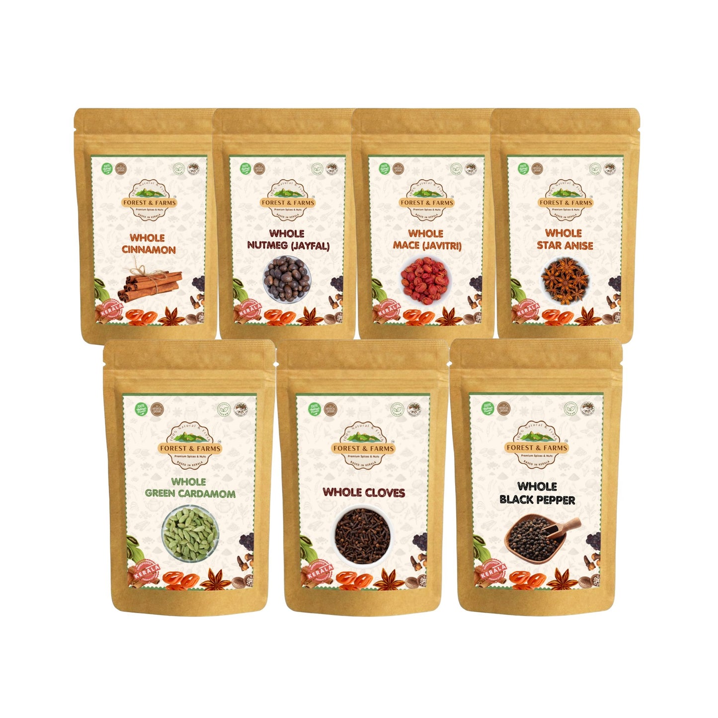 Set of 7 Kerala Spices (Cardamom, Pepper, Cloves, Cinnamon, Jayfal, Javitri & Anise)